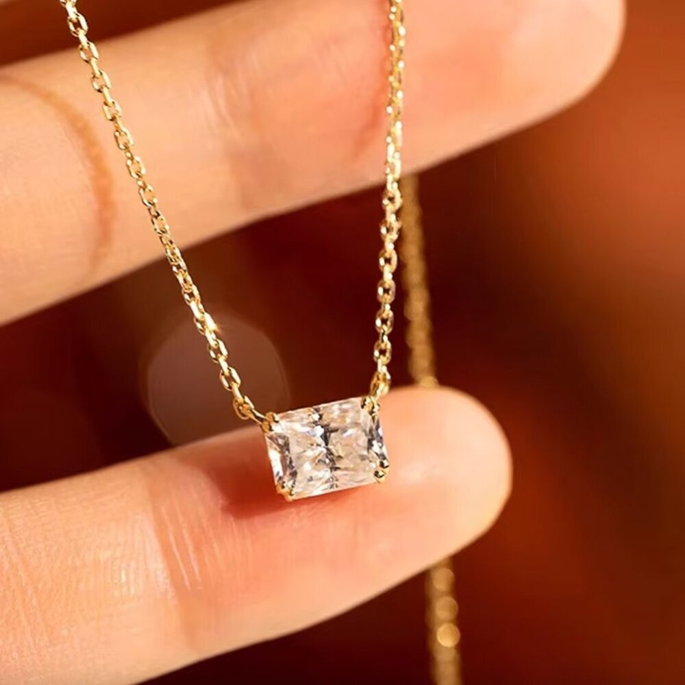 NEW 18k Yellow Gold Emerald Cut Diamond Necklace Rectangle Pendant Necklace